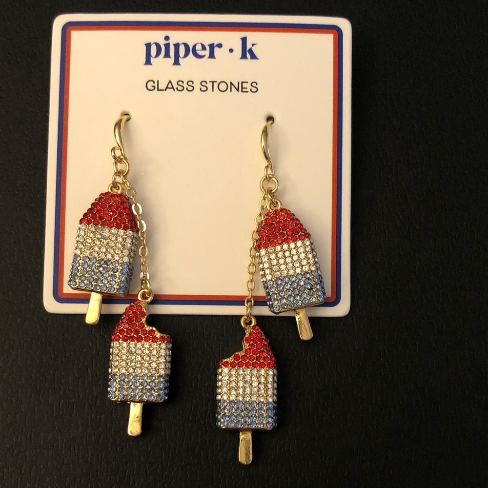 Piper K Gold Tone Red, White & Blue Double Popsicle Drop Earrings Crystal NWT